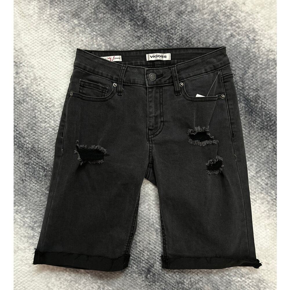 Vigoss Black Denim Marley Bermuda Distressed Cuffed Mid Rise Shorts Size 25 | 2